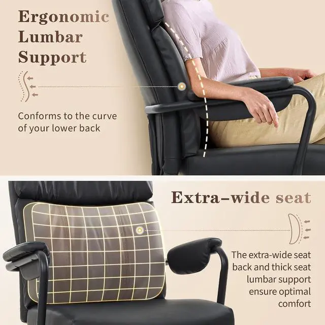 Alt view image 6 of 7 - Home Office Desk Chair, Comfy Ergonomic Mid Century Modern Faux Leather Fabric Office Chair with Lumbar Support, Adjustable Height High-Back Swivel Computer Chairs, (Black)