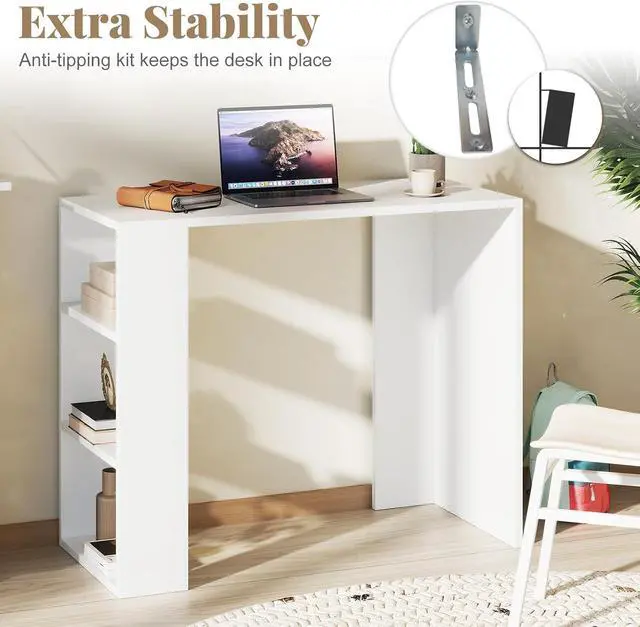 Alt view image 5 of 7 - Small Computer Desk, 36 Inch Compact Home Office Desk with Storage Open Shelves & Anti-Tipping Kit, Makeup Vanity Table, Student Teen Study Writing Desk for Small Space, White