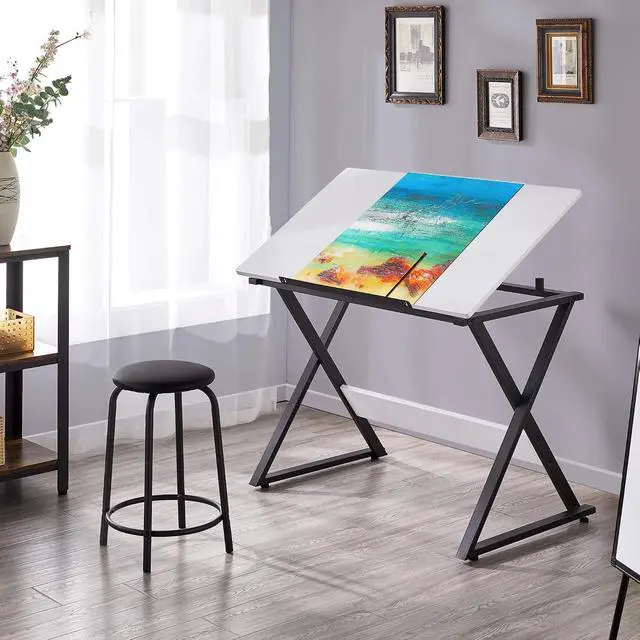 Alt view image 2 of 7 - Height Adjustable Drawing Table Drafting Table up to 30 Degrees, Art Tilting Tabletop Workstation for Artists, Home Furniture Art Desk for Writing/Studying/Reading, White