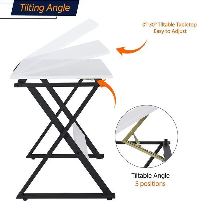 Alt view image 5 of 7 - Height Adjustable Drawing Table Drafting Table up to 30 Degrees, Art Tilting Tabletop Workstation for Artists, Home Furniture Art Desk for Writing/Studying/Reading, White