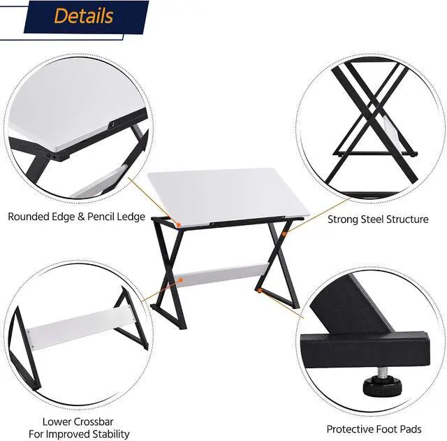 Alt view image 6 of 7 - Height Adjustable Drawing Table Drafting Table up to 30 Degrees, Art Tilting Tabletop Workstation for Artists, Home Furniture Art Desk for Writing/Studying/Reading, White
