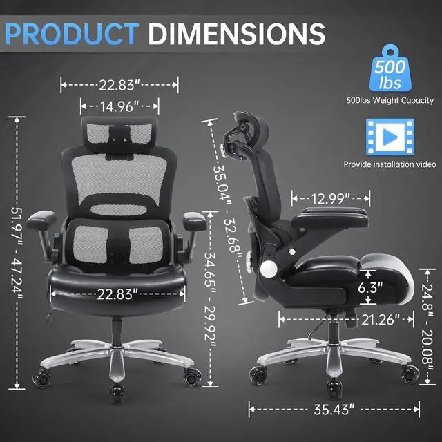 Alt view image 2 of 7 - Big and Tall Office Chair 500lbs, Heavy Duty Ergonomic Desk Chair with Adjustable Lumbar Support, PU Leather Executive Computer Chair with 3D Flip Arms, Mesh High Back and Headrest