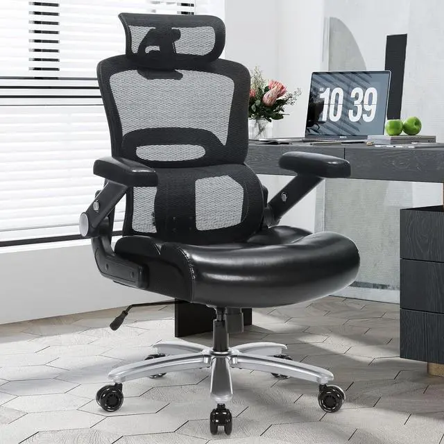 Main image of Big and Tall Office Chair 500lbs, Heavy Duty Ergonomic Desk Chair with Adjustable Lumbar Support, PU Leather Executive Computer Chair with 3D Flip Arms, Mesh High Back and Headrest