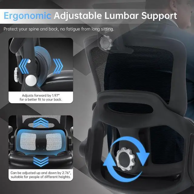 Alt view image 3 of 7 - Big and Tall Office Chair 500lbs, Heavy Duty Ergonomic Desk Chair with Adjustable Lumbar Support, PU Leather Executive Computer Chair with 3D Flip Arms, Mesh High Back and Headrest