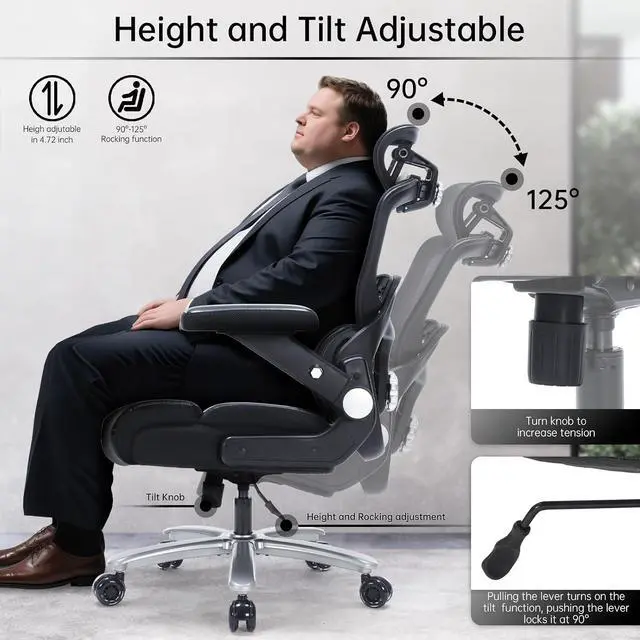 Alt view image 6 of 7 - Big and Tall Office Chair 500lbs, Heavy Duty Ergonomic Desk Chair with Adjustable Lumbar Support, PU Leather Executive Computer Chair with 3D Flip Arms, Mesh High Back and Headrest
