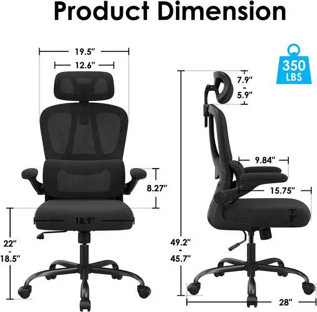 Alt view image 2 of 7 - Ergonomic Office Chair, Desk Chair with Headrest and Lumbar Support, High Back Swivel Home Office Chair with Headrest for Home Office Bedroom, Gifts, Black & Black