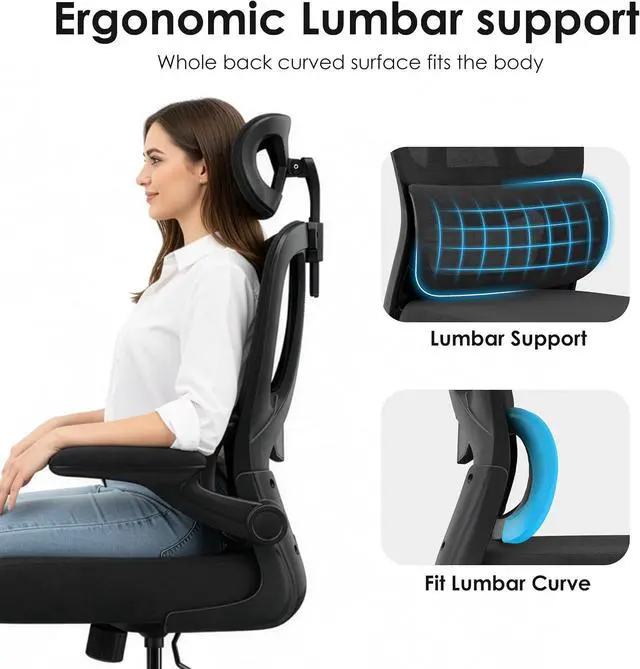 Alt view image 3 of 7 - Ergonomic Office Chair, Desk Chair with Headrest and Lumbar Support, High Back Swivel Home Office Chair with Headrest for Home Office Bedroom, Gifts, Black & Black