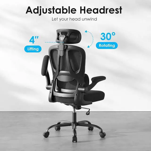Alt view image 4 of 7 - Ergonomic Office Chair, Desk Chair with Headrest and Lumbar Support, High Back Swivel Home Office Chair with Headrest for Home Office Bedroom, Gifts, Black & Black