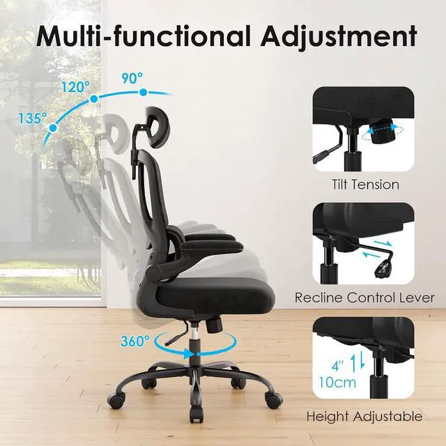 Alt view image 5 of 7 - Ergonomic Office Chair, Desk Chair with Headrest and Lumbar Support, High Back Swivel Home Office Chair with Headrest for Home Office Bedroom, Gifts, Black & Black