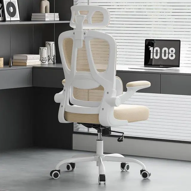 Main image of Ergonomic Office Chair, Desk Chair with Headrest and Lumbar Support, High Back Swivel Home Office Chair with Headrest for Home Office Bedroom, Gifts, White & Khaki