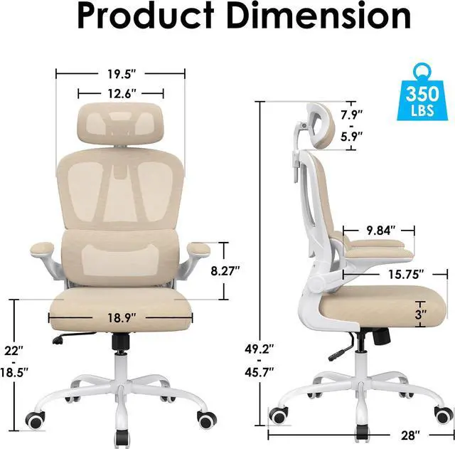Alt view image 2 of 14 - Ergonomic Office Chair, Desk Chair with Headrest and Lumbar Support, High Back Swivel Home Office Chair with Headrest for Home Office Bedroom, Gifts, White & Khaki