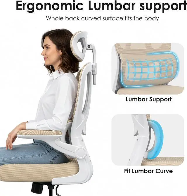 Alt view image 3 of 14 - Ergonomic Office Chair, Desk Chair with Headrest and Lumbar Support, High Back Swivel Home Office Chair with Headrest for Home Office Bedroom, Gifts, White & Khaki