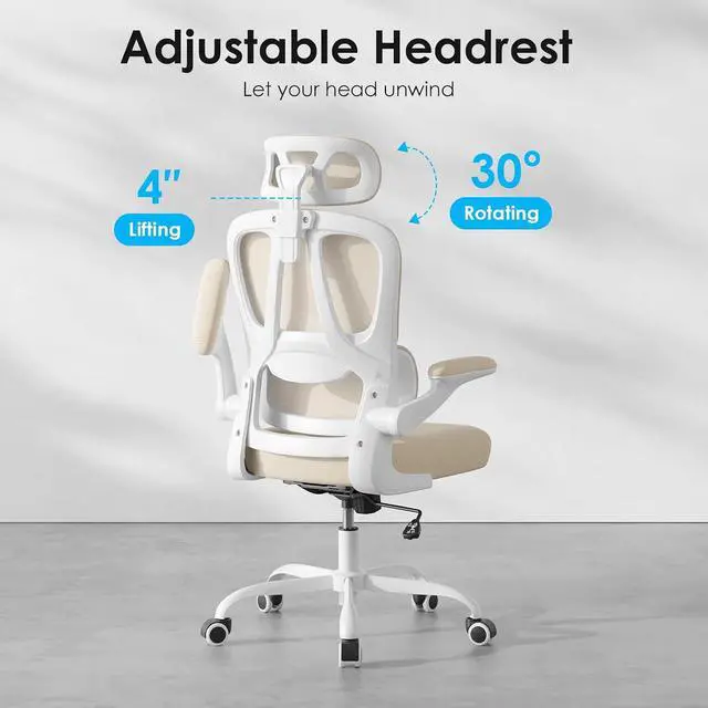 Alt view image 4 of 14 - Ergonomic Office Chair, Desk Chair with Headrest and Lumbar Support, High Back Swivel Home Office Chair with Headrest for Home Office Bedroom, Gifts, White & Khaki