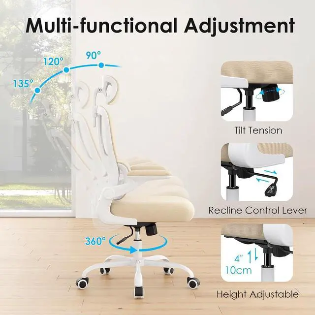 Alt view image 5 of 14 - Ergonomic Office Chair, Desk Chair with Headrest and Lumbar Support, High Back Swivel Home Office Chair with Headrest for Home Office Bedroom, Gifts, White & Khaki