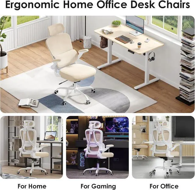 Alt view image 6 of 14 - Ergonomic Office Chair, Desk Chair with Headrest and Lumbar Support, High Back Swivel Home Office Chair with Headrest for Home Office Bedroom, Gifts, White & Khaki