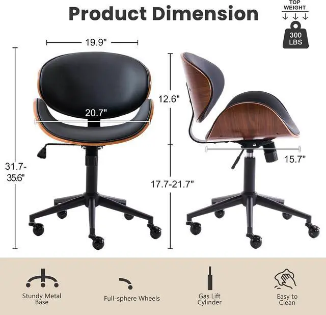 Alt view image 2 of 7 - Home Office Chair with Rocking Function, Solid Wood Comfy Curved Desk Chair with Wheels, Height Adjustable Swivel Task Chairs, PU Black, Modern Walnut Style