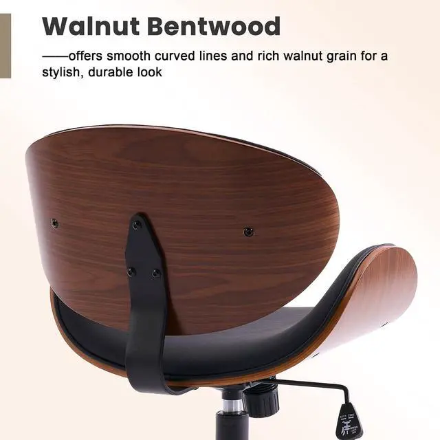 Alt view image 3 of 7 - Home Office Chair with Rocking Function, Solid Wood Comfy Curved Desk Chair with Wheels, Height Adjustable Swivel Task Chairs, PU Black, Modern Walnut Style