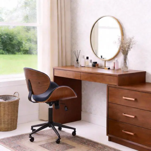 Alt view image 4 of 7 - Home Office Chair with Rocking Function, Solid Wood Comfy Curved Desk Chair with Wheels, Height Adjustable Swivel Task Chairs, PU Black, Modern Walnut Style