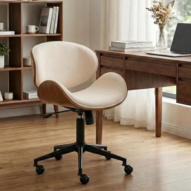 Main image of Home Office Chair with Rocking Function, Solid Wood Comfy Curved Desk Chair with Wheels, Height Adjustable Swivel Task Chairs, Chenille Beige, Modern Walnut Style