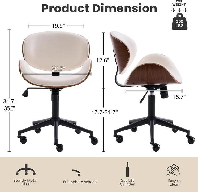 Alt view image 2 of 7 - Home Office Chair with Rocking Function, Solid Wood Comfy Curved Desk Chair with Wheels, Height Adjustable Swivel Task Chairs, Chenille Beige, Modern Walnut Style