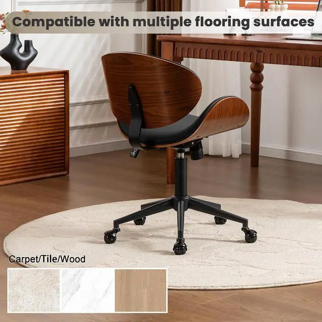Alt view image 6 of 7 - Home Office Chair with Rocking Function, Solid Wood Comfy Curved Desk Chair with Wheels, Height Adjustable Swivel Task Chairs, PU Black, Modern Walnut Style