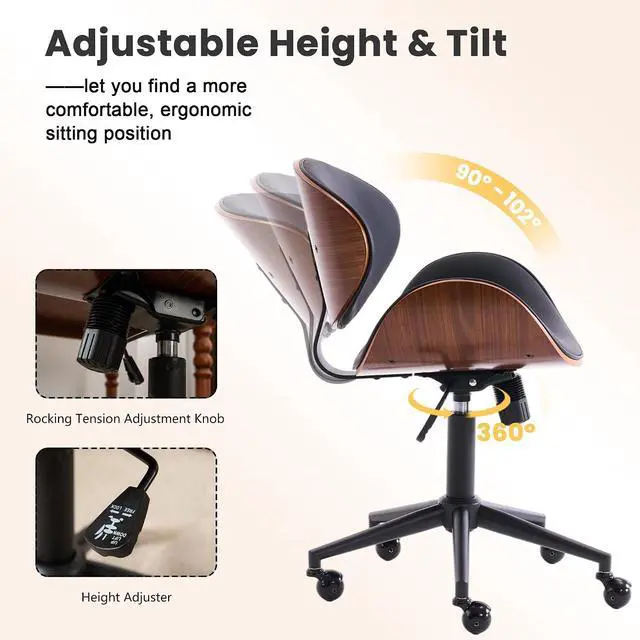Alt view image 7 of 7 - Home Office Chair with Rocking Function, Solid Wood Comfy Curved Desk Chair with Wheels, Height Adjustable Swivel Task Chairs, PU Black, Modern Walnut Style
