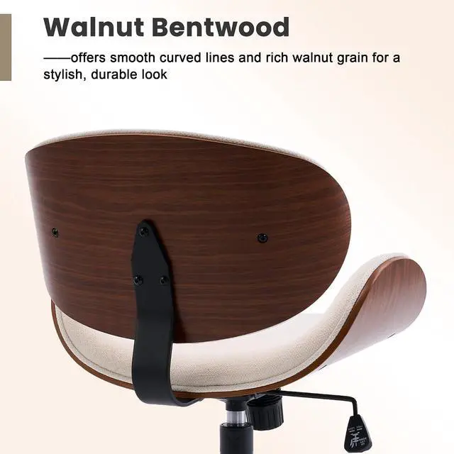 Alt view image 3 of 7 - Home Office Chair with Rocking Function, Solid Wood Comfy Curved Desk Chair with Wheels, Height Adjustable Swivel Task Chairs, Chenille Beige, Modern Walnut Style