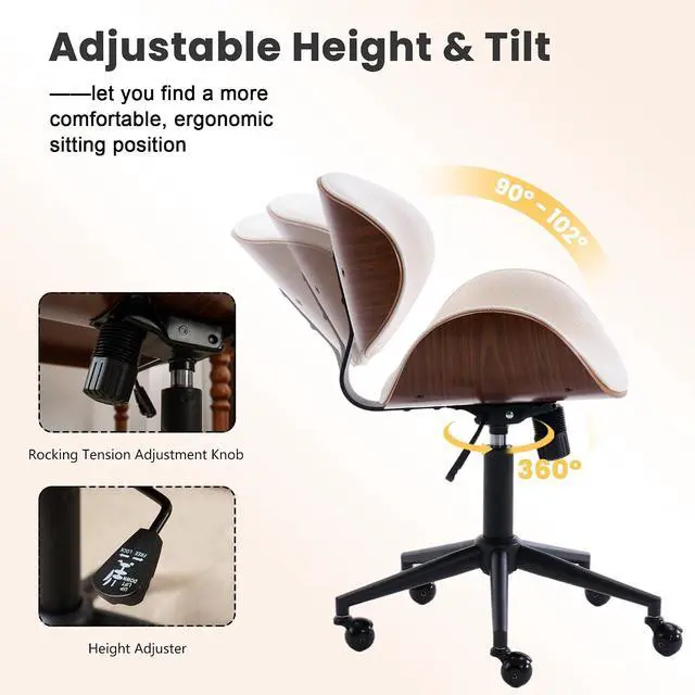 Alt view image 4 of 7 - Home Office Chair with Rocking Function, Solid Wood Comfy Curved Desk Chair with Wheels, Height Adjustable Swivel Task Chairs, Chenille Beige, Modern Walnut Style