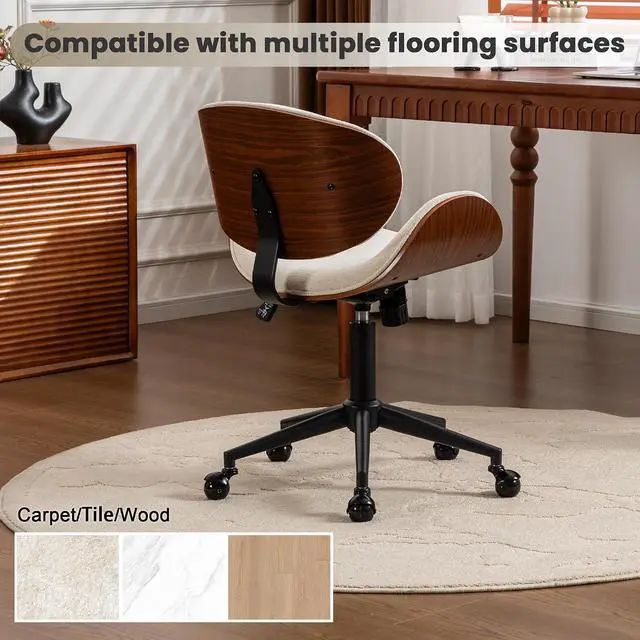 Alt view image 5 of 7 - Home Office Chair with Rocking Function, Solid Wood Comfy Curved Desk Chair with Wheels, Height Adjustable Swivel Task Chairs, Chenille Beige, Modern Walnut Style