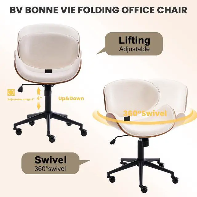 Alt view image 6 of 7 - Home Office Chair with Rocking Function, Solid Wood Comfy Curved Desk Chair with Wheels, Height Adjustable Swivel Task Chairs, Chenille Beige, Modern Walnut Style