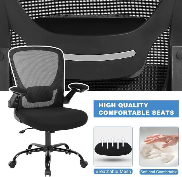 Alt view image 4 of 7 - Home Office Chair, Ergonomic Desk Chair with Adjustable Lumbar Support & Flip-up Armrests, Mesh Computer Chair with Thickened Cushion, Swivel Executive Chair for Adults, Black