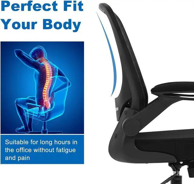 Alt view image 5 of 7 - Home Office Chair, Ergonomic Desk Chair with Adjustable Lumbar Support & Flip-up Armrests, Mesh Computer Chair with Thickened Cushion, Swivel Executive Chair for Adults, Black