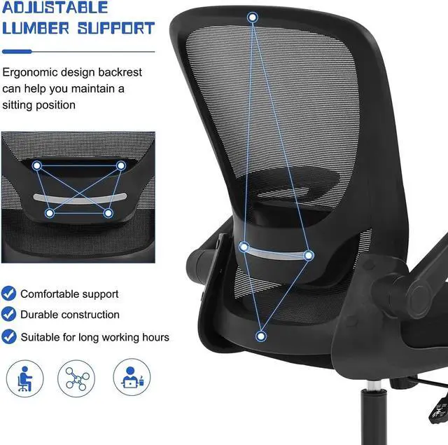 Alt view image 6 of 7 - Home Office Chair, Ergonomic Desk Chair with Adjustable Lumbar Support & Flip-up Armrests, Mesh Computer Chair with Thickened Cushion, Swivel Executive Chair for Adults, Black