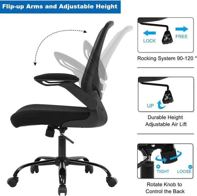 Alt view image 7 of 7 - Home Office Chair, Ergonomic Desk Chair with Adjustable Lumbar Support & Flip-up Armrests, Mesh Computer Chair with Thickened Cushion, Swivel Executive Chair for Adults, Black