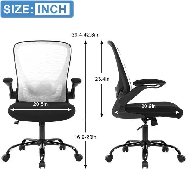 Alt view image 3 of 7 - Home Office Chair White Ergonomic Desk Chair with Adjustable Lumbar Support & Flip-up Armrests Mesh Computer Chair with Thickened Cushion Swivel Executive Chair for Adults