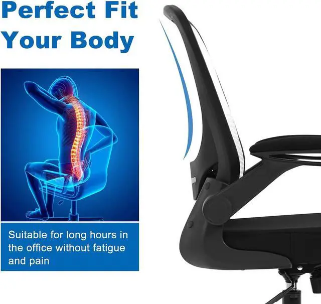 Alt view image 4 of 7 - Home Office Chair White Ergonomic Desk Chair with Adjustable Lumbar Support & Flip-up Armrests Mesh Computer Chair with Thickened Cushion Swivel Executive Chair for Adults