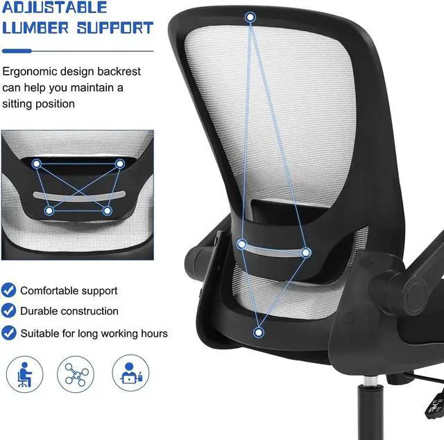 Alt view image 5 of 7 - Home Office Chair White Ergonomic Desk Chair with Adjustable Lumbar Support & Flip-up Armrests Mesh Computer Chair with Thickened Cushion Swivel Executive Chair for Adults