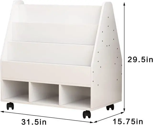 Alt view image 2 of 7 - Bookshelf with Wheels, Wooden Toy Storage Cabinet Organizer Holder with 3 Cubes, 2-in-1 Bookcase Display Rack Book Rack for Classroom, Nursery, Kindergarten