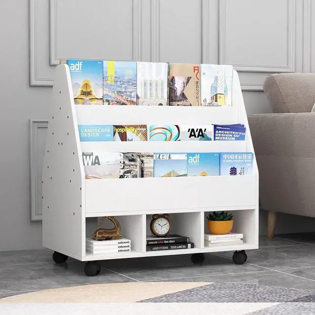Alt view image 3 of 7 - Bookshelf with Wheels, Wooden Toy Storage Cabinet Organizer Holder with 3 Cubes, 2-in-1 Bookcase Display Rack Book Rack for Classroom, Nursery, Kindergarten