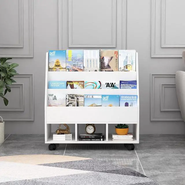 Main image of Bookshelf with Wheels, Wooden Toy Storage Cabinet Organizer Holder with 3 Cubes, 2-in-1 Bookcase Display Rack Book Rack for Classroom, Nursery, Kindergarten