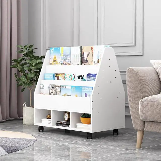 Alt view image 4 of 7 - Bookshelf with Wheels, Wooden Toy Storage Cabinet Organizer Holder with 3 Cubes, 2-in-1 Bookcase Display Rack Book Rack for Classroom, Nursery, Kindergarten