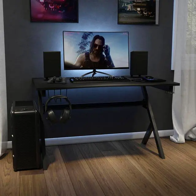 Main image of Black Computer Table Gaming Desk - Headphone Holder and 2 Cable Management Holes