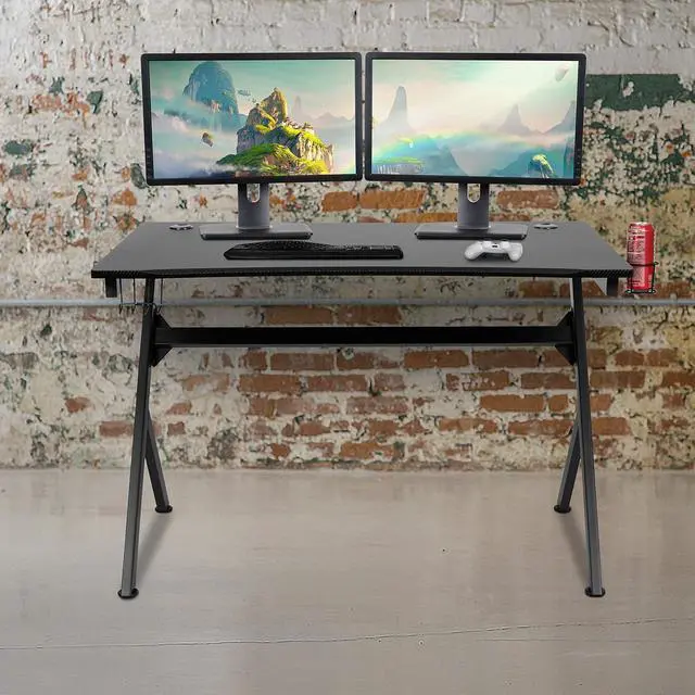 Alt view image 4 of 7 - Black Computer Table Gaming Desk - Headphone Holder and 2 Cable Management Holes