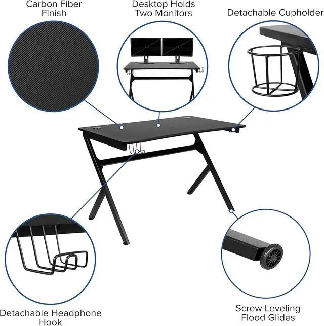 Alt view image 5 of 7 - Black Computer Table Gaming Desk - Headphone Holder and 2 Cable Management Holes