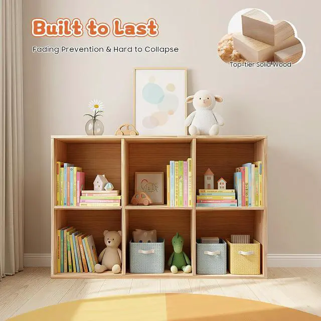 Alt view image 3 of 7 - 6 Cube Storage Organizer, Solid Wood Bookcase Floorstanding Bookshelf Wooden Cube Shelf Bookcase, Vertical or Horizontal, Open Book Shelf for Home Office Bedroom, 35.43"×11.81"×23.62"