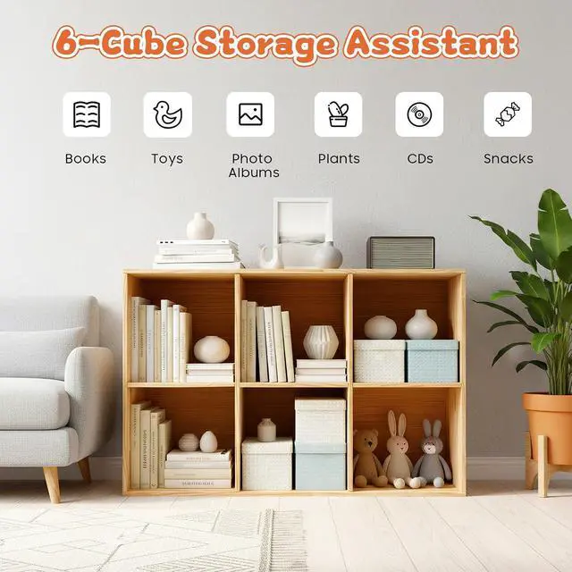 Alt view image 4 of 7 - 6 Cube Storage Organizer, Solid Wood Bookcase Floorstanding Bookshelf Wooden Cube Shelf Bookcase, Vertical or Horizontal, Open Book Shelf for Home Office Bedroom, 35.43"×11.81"×23.62"