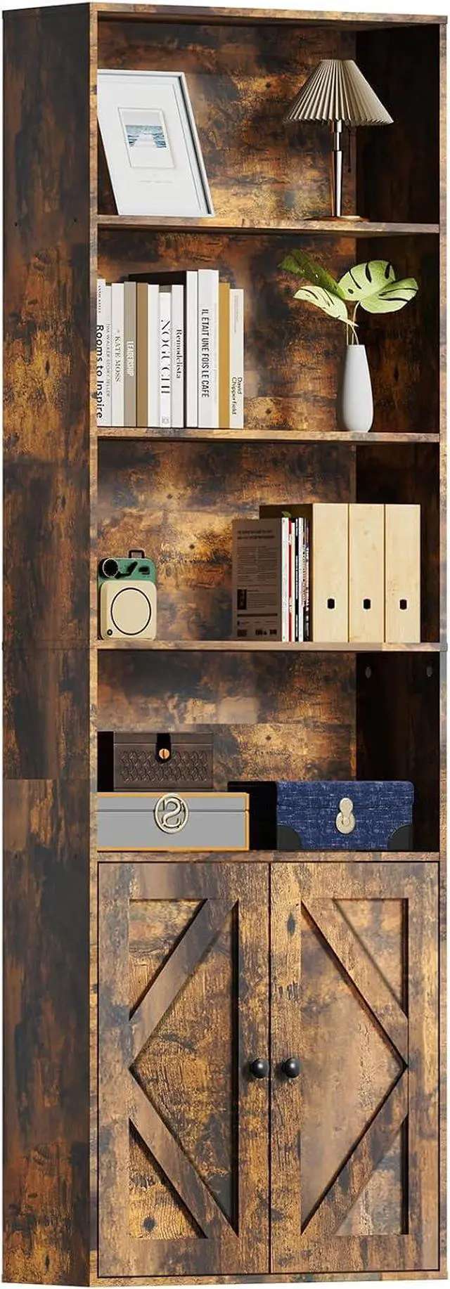 Main image of Tall Wooden Bookshelf with Cabinet and Doors,Vintage Brown Bookcase for Bedroom, Living Room, or Home Office Storage,6 Shelves for Heavy Books & Organization
