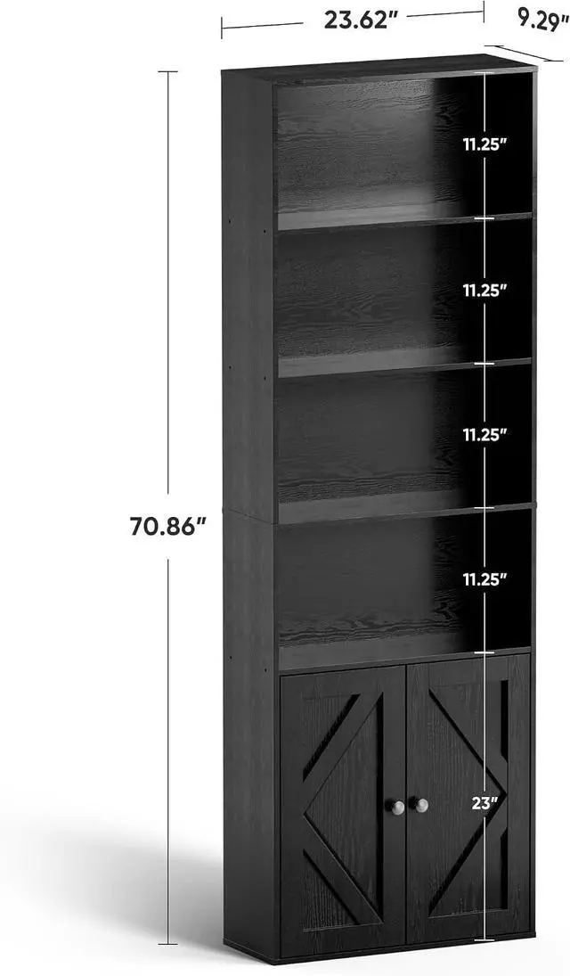 Alt view image 3 of 14 - Tall Wooden Bookshelf with Cabinet and Doors,Vintage Black Bookcase for Bedroom, Living Room, or Home Office Storage, 6 Shelves for Heavy Books & Organization