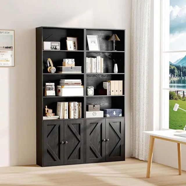 Alt view image 2 of 14 - Tall Wooden Bookshelf with Cabinet and Doors,Vintage Black Bookcase for Bedroom, Living Room, or Home Office Storage, 6 Shelves for Heavy Books & Organization