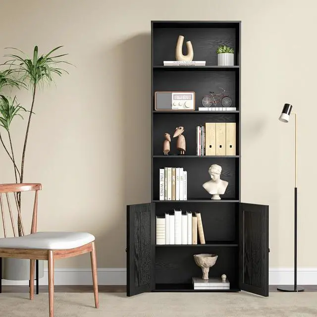 Alt view image 4 of 14 - Tall Wooden Bookshelf with Cabinet and Doors,Vintage Black Bookcase for Bedroom, Living Room, or Home Office Storage, 6 Shelves for Heavy Books & Organization
